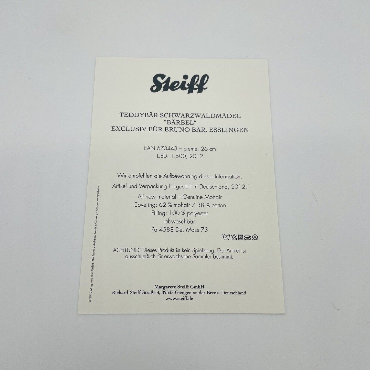 Steiff Teddybär Bärbel Schwarzwaldmädel 673443 limitiert 1500 aus 2012 26cm