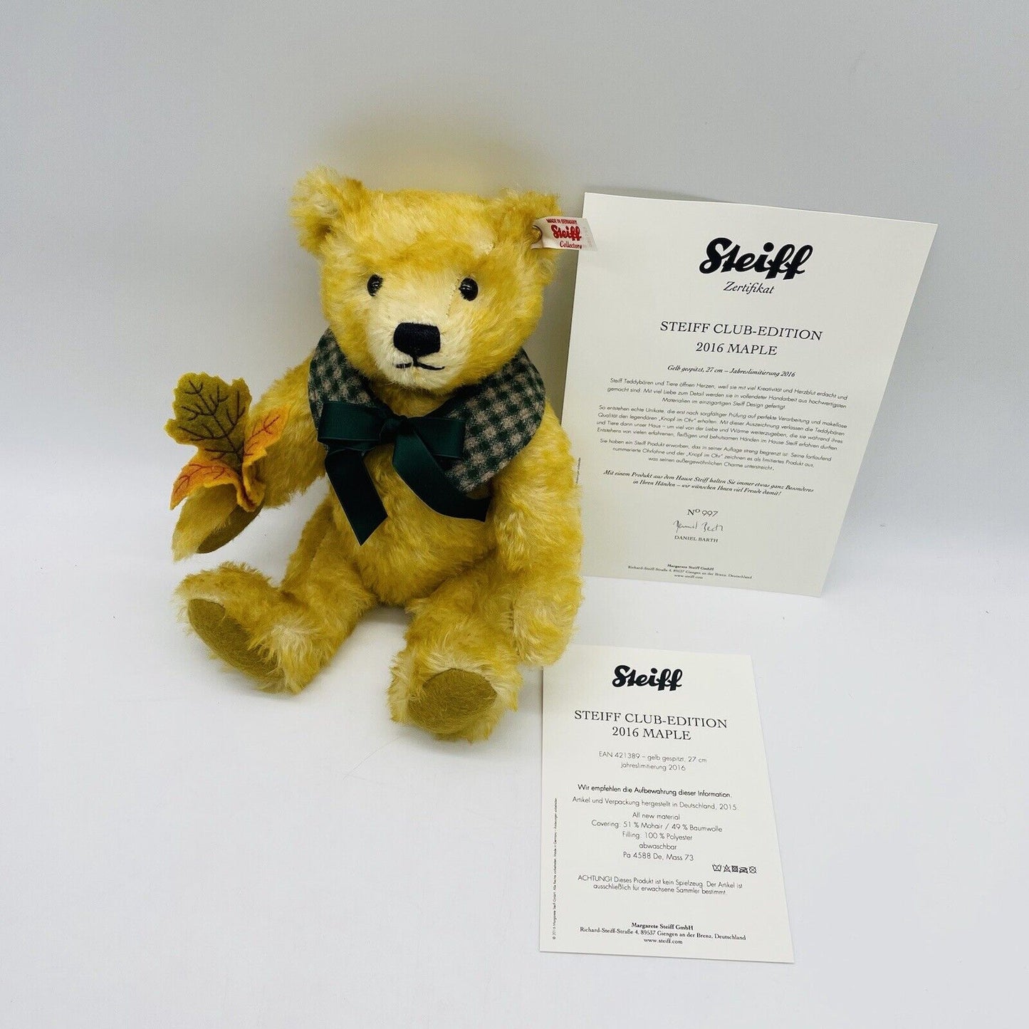 Steiff Teddybär Maple Ahornblatt 421389 limitiert 2016 Clubedition 2016 27cm
