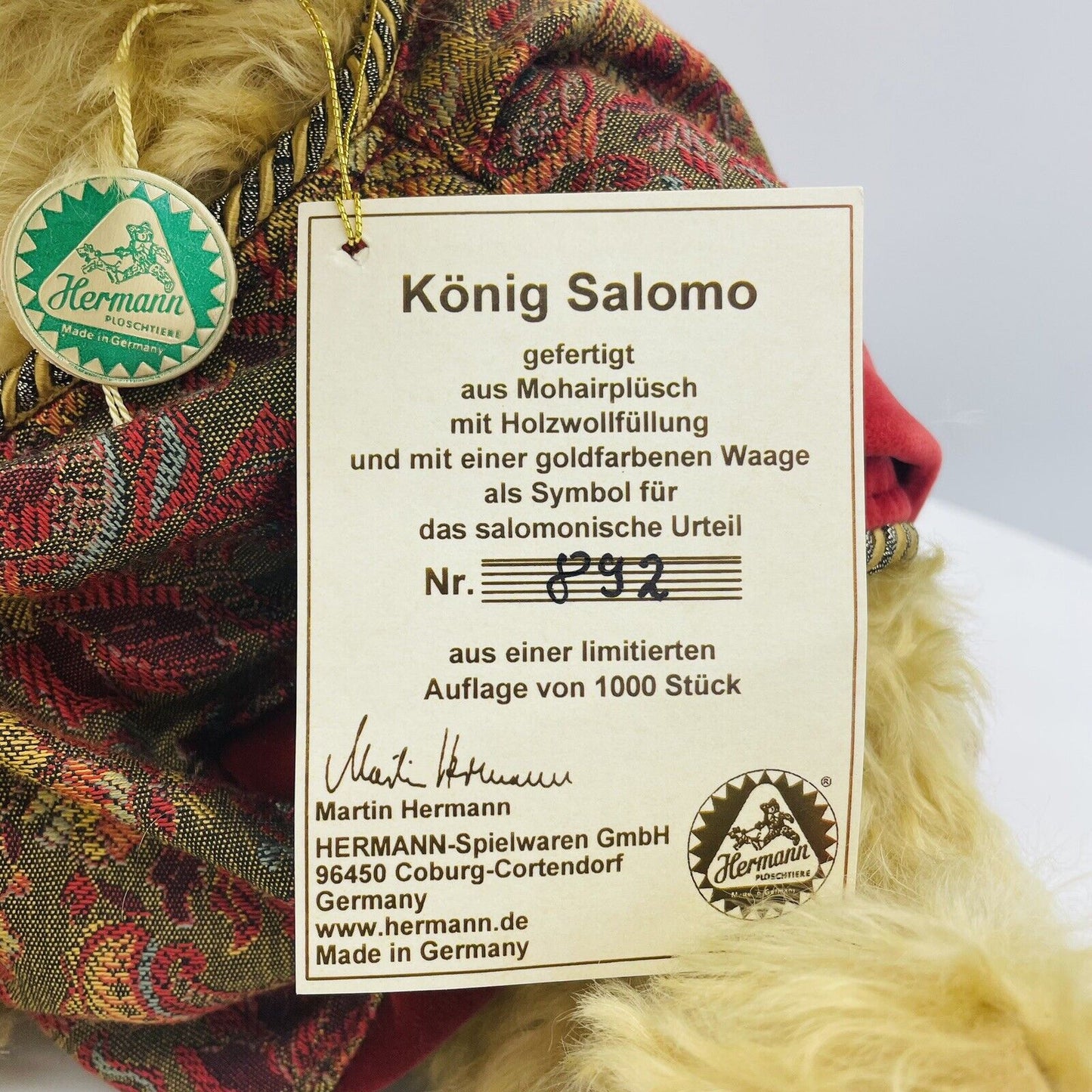 Hermann Coburg Teddybär König Salomo aus der Bibelserie limitiert 1000 40cm