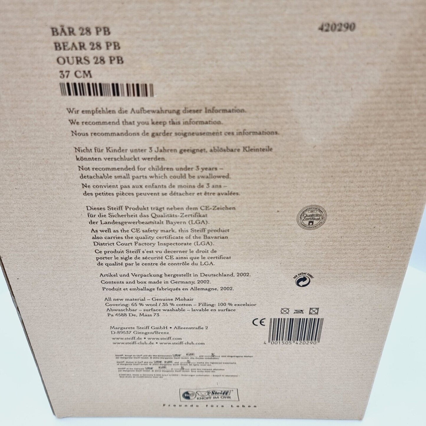 Steiff 420290 Teddybär Bär 28 PB 37 cm Club Edition 2002 / 2003