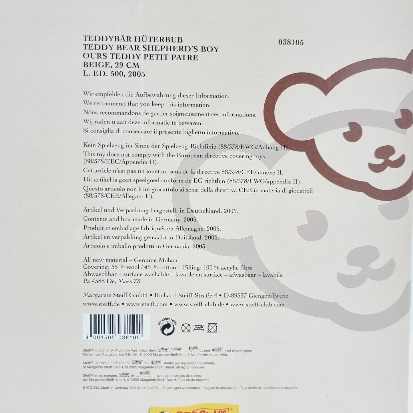 Steiff 038105 Teddybär Hüterbub aus der Hochzeitsgesellschaft limitiert 500