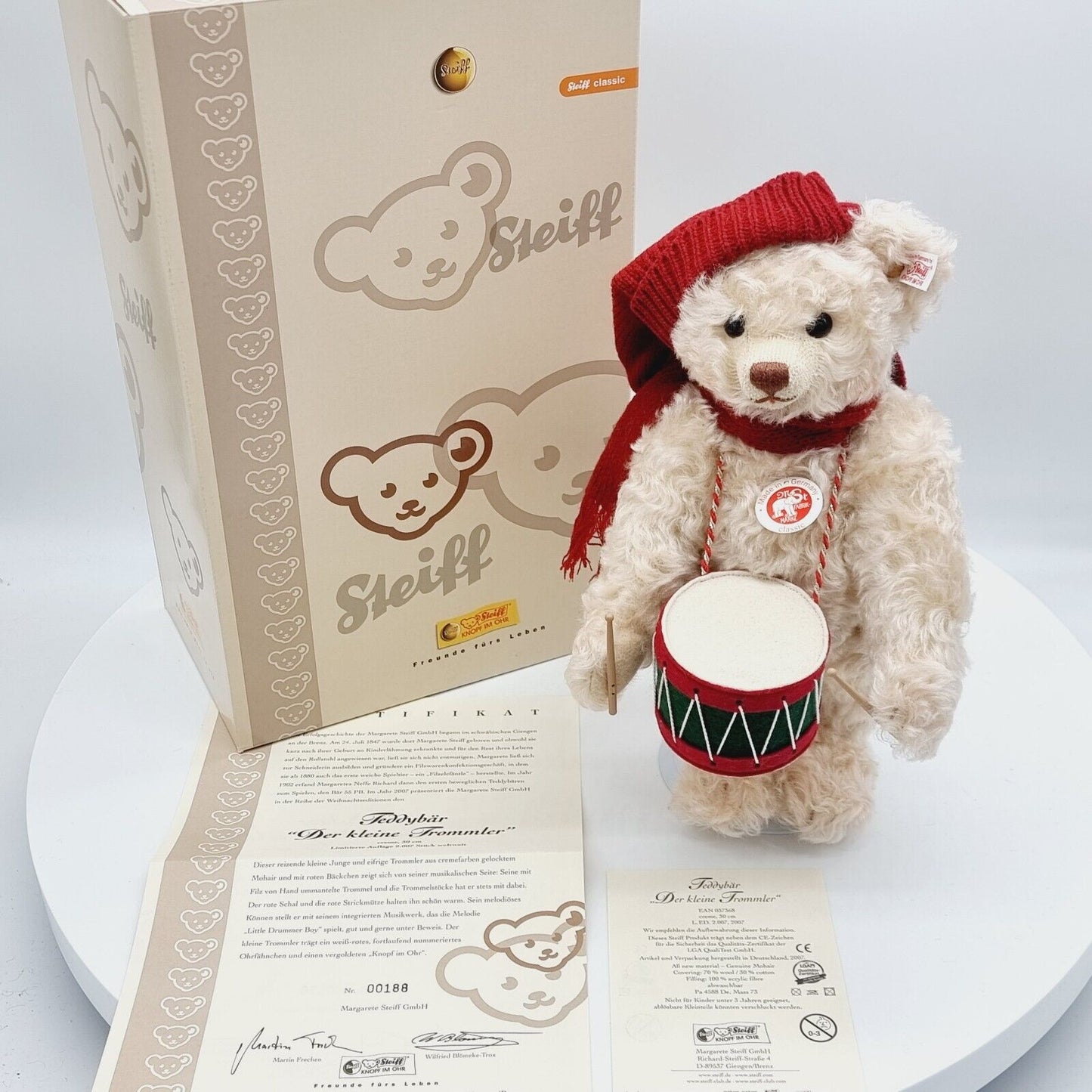 Steiff Teddybär Der kleine Trommler 037368 30 cm limitiert 2007 weiß