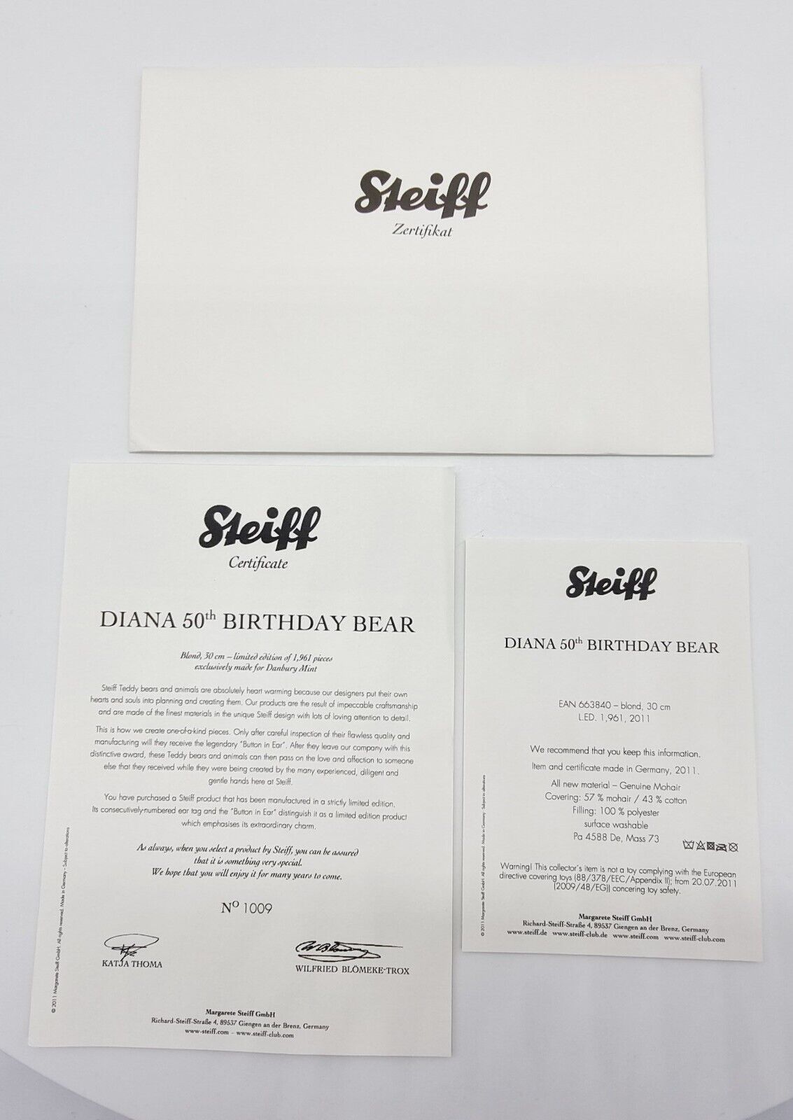 Steiff Danbury Mint 663840 Teddybär Diana limitiert 1961 aus 2011 30cm Mohair