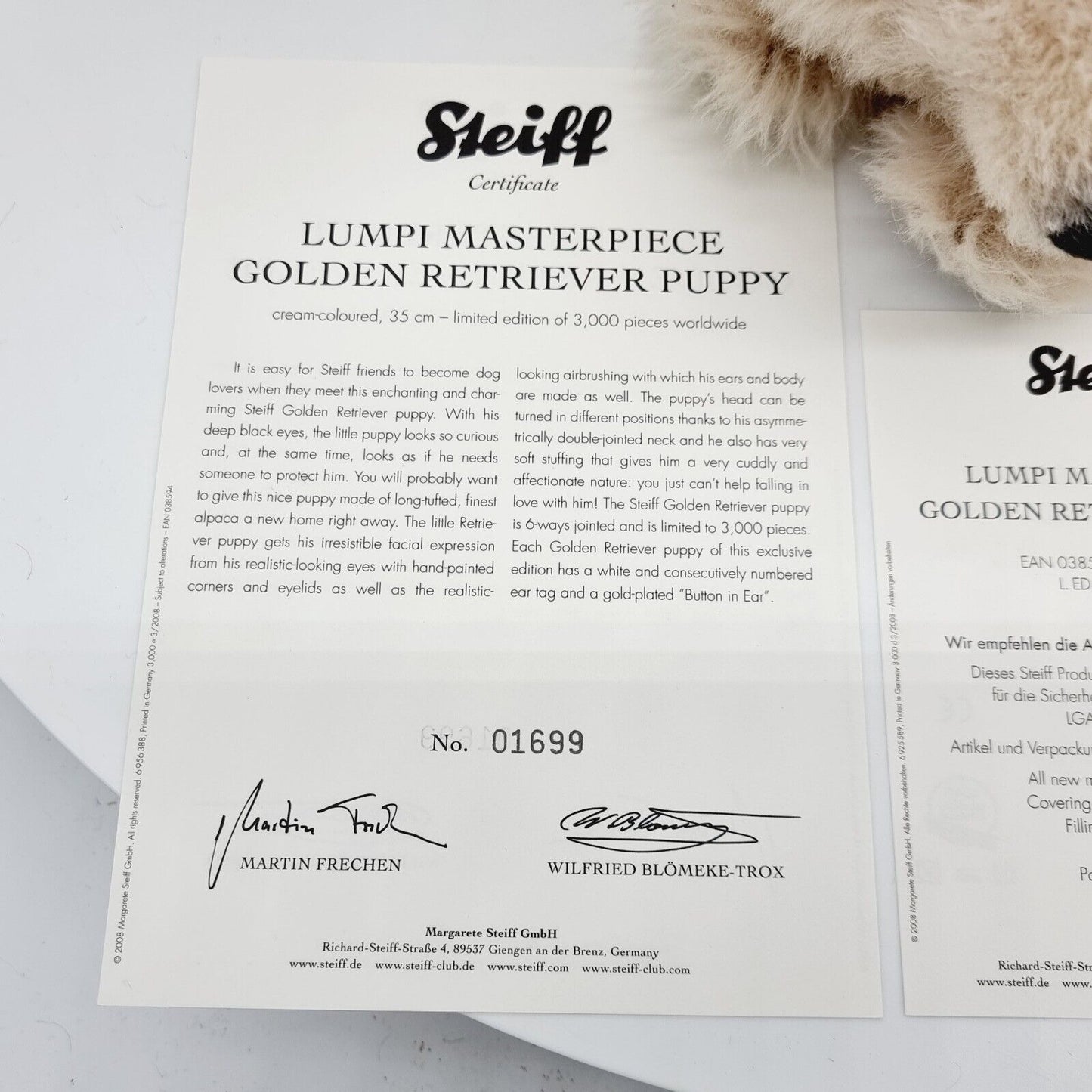 Steiff 038594 Lumpi Masterpiece Golden Retriever Welpe 35 cm limitiert 3000