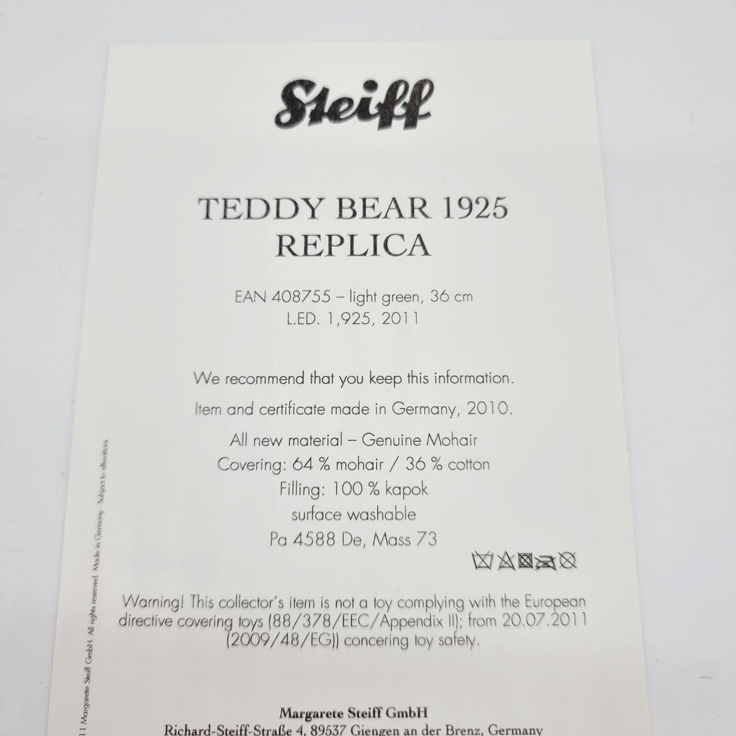 Steiff 408755 Teddybär 1925 Replica hellgrün limitiert 1925 36 cm Mohair