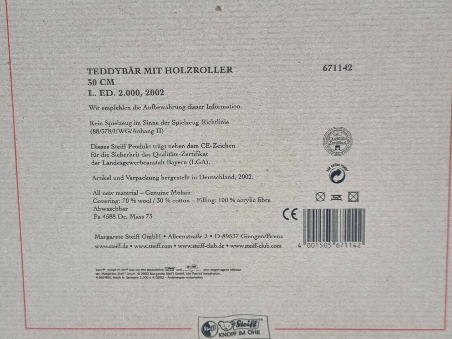 Steiff Teddybär mit Holzroller 671142 limitiert Zertifikat OVP Mohair Sammler