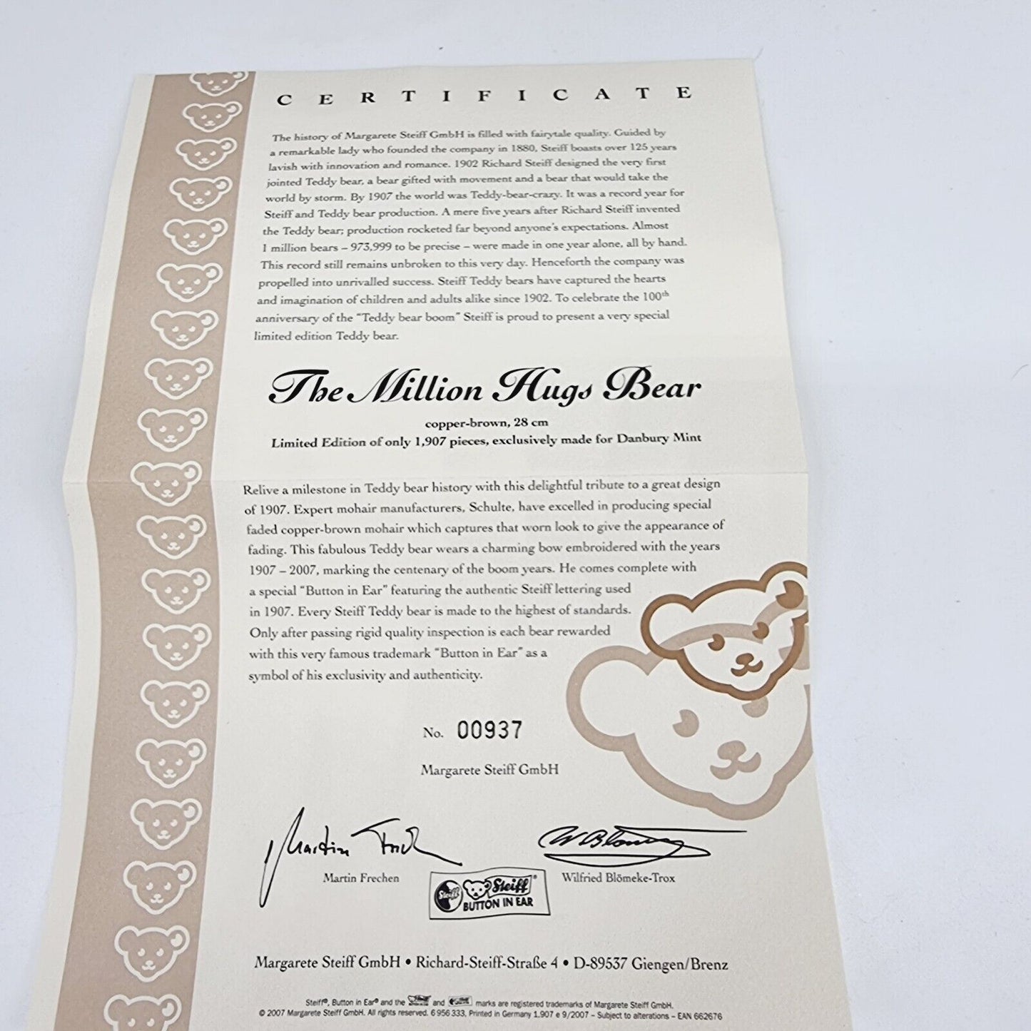 Steiff 662676 Teddybär Million Hugs 100 Jahre 1907 - 2007 limitiert mit Schleife