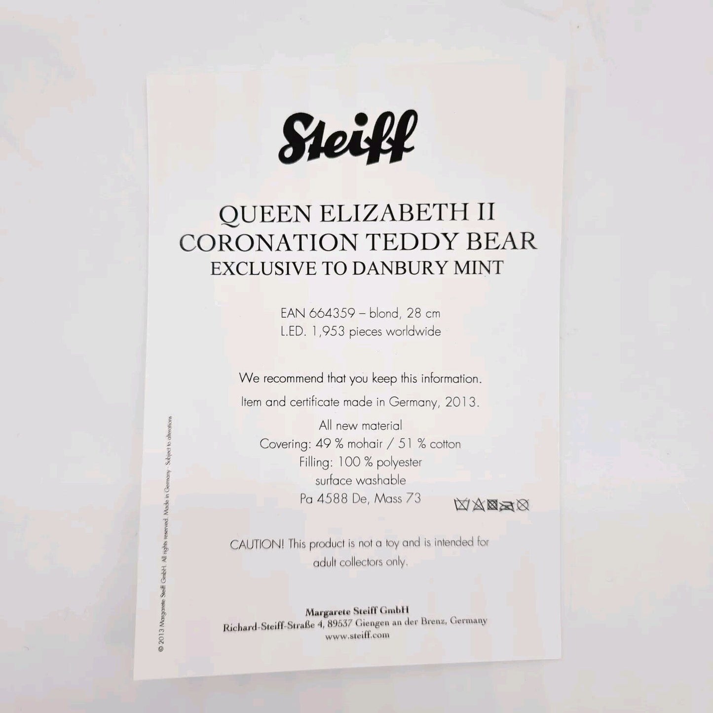 Steiff 664359 Danbury Mint Teddybär Queen Elizabeth II Coronation Bear 28 cm