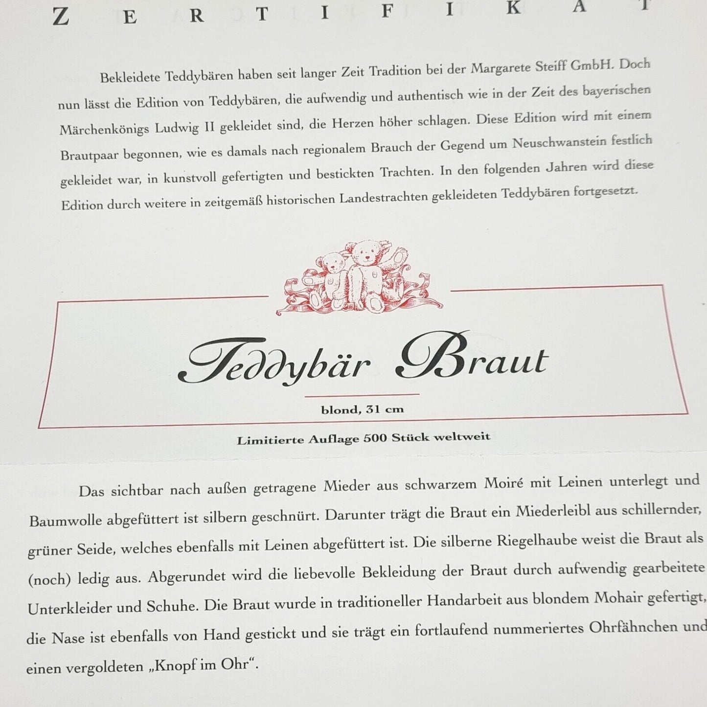 Steiff Teddybär Braut mit Kleid Hochzeitsgesellschaft 31 cm blond limitiert 500