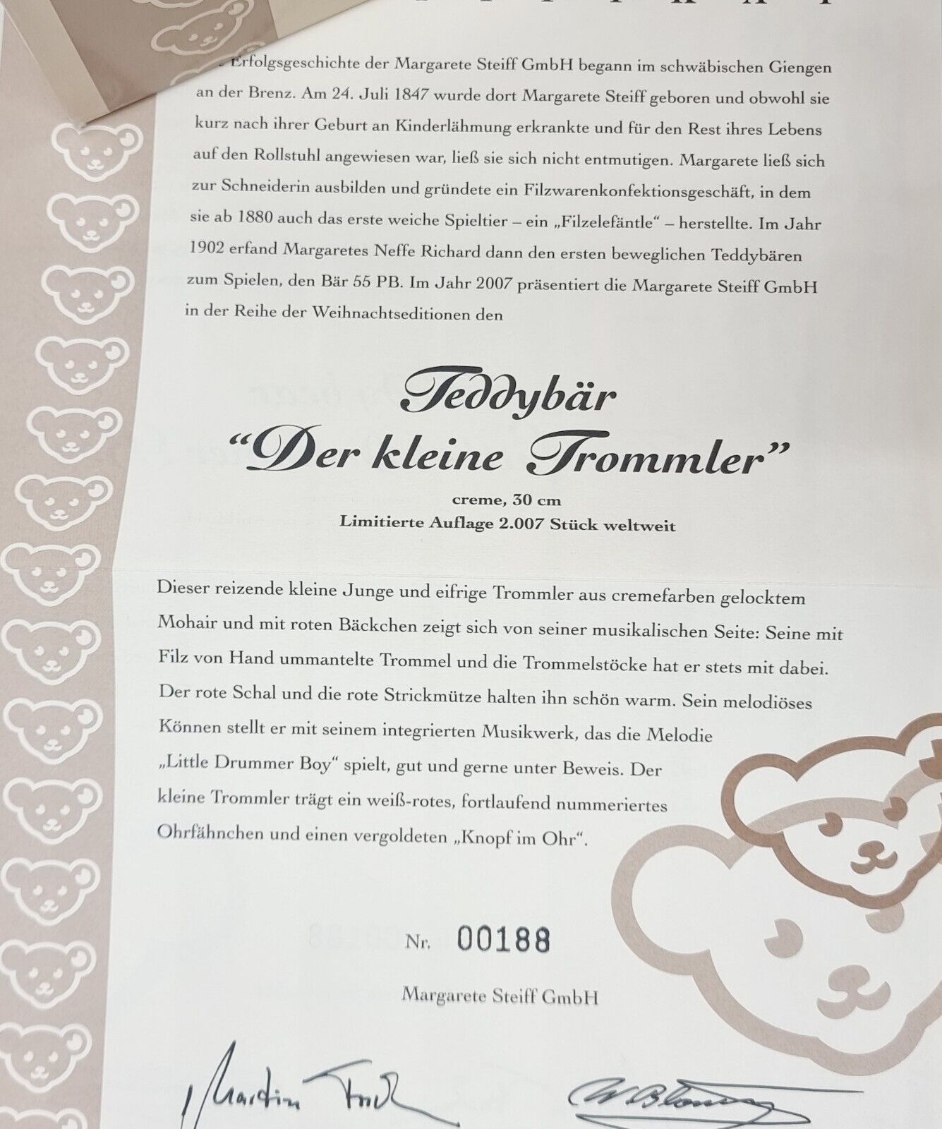Steiff Teddybär Der kleine Trommler 037368 30 cm limitiert 2007 weiß