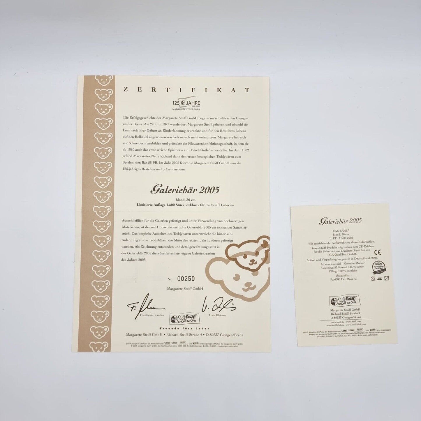 Steiff Galeriebär 2005 limitiert auf 1500 Stk. 672057