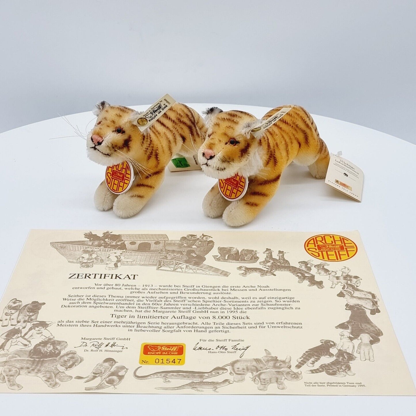 Steiff 038488 Tiger Set Arche limitiert Jahr 1995 Größe 12 cm mit Zertifikat