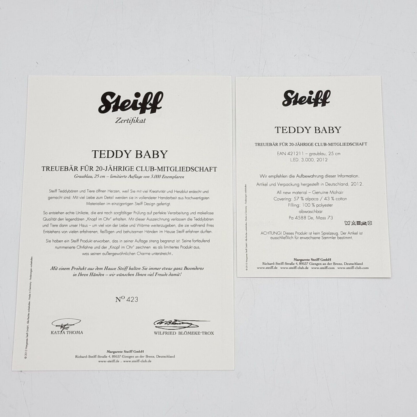 Steiff Teddybär Teddy Baby Steiff Club 421211 limitiert 3000 aus 2012 25cm