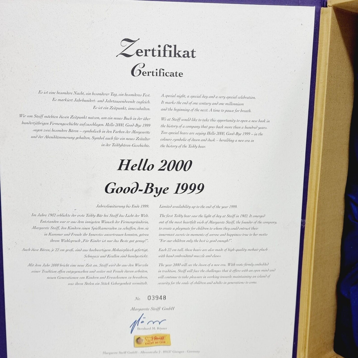 Steiff Teddybären Set Hello 2000 Good-Bye 1999 670367 22cm Mohair