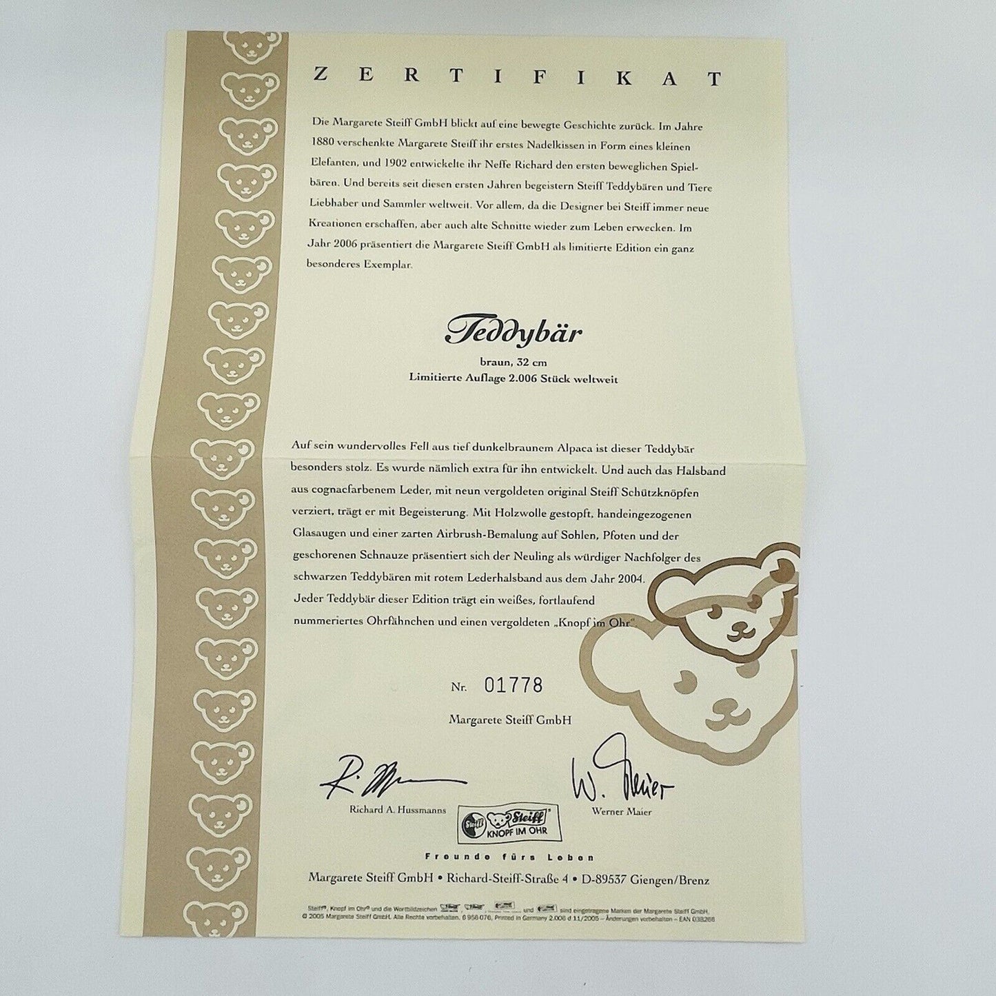 Steiff Teddybär mit Halsband 038266 limitiert 2006 aus 2006 32cm