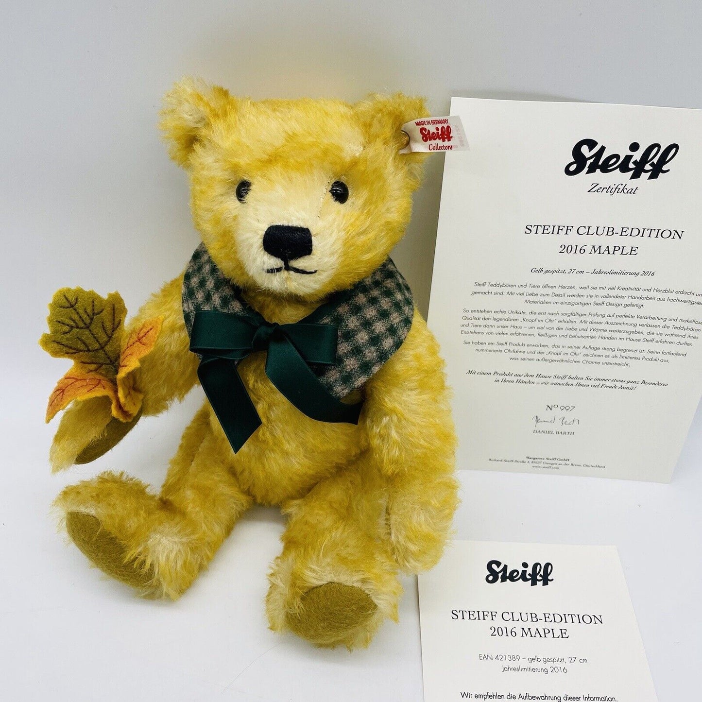 Steiff Teddybär Maple Ahornblatt 421389 limitiert 2016 Clubedition 2016 27cm