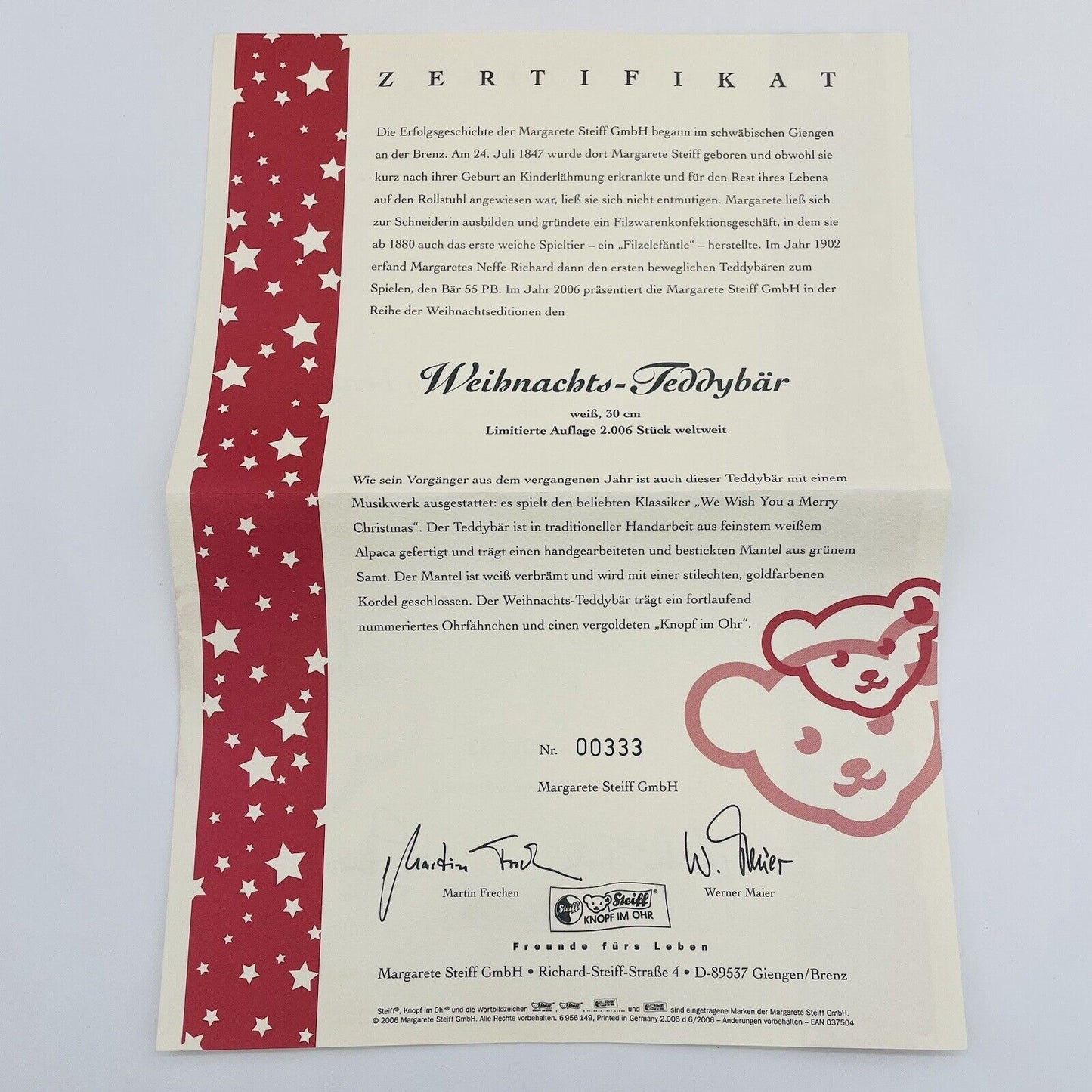 Steiff Teddybär Weihnachtsteddy 037504 limitiert 2006 aus 2006 30cm Mohair