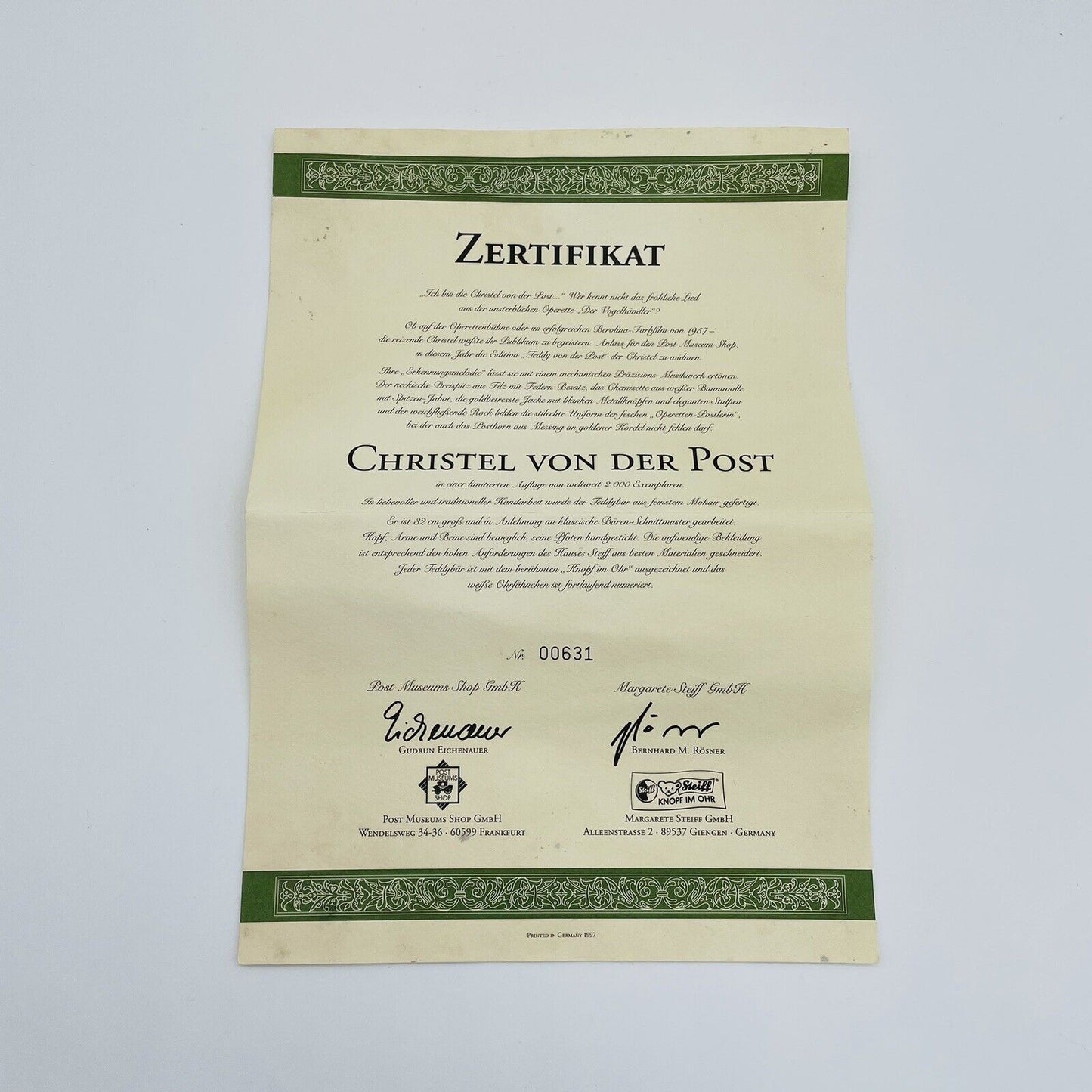 Steiff Teddybär Christel von der Post 996627 limitiert 2000 aus 1998 32cm