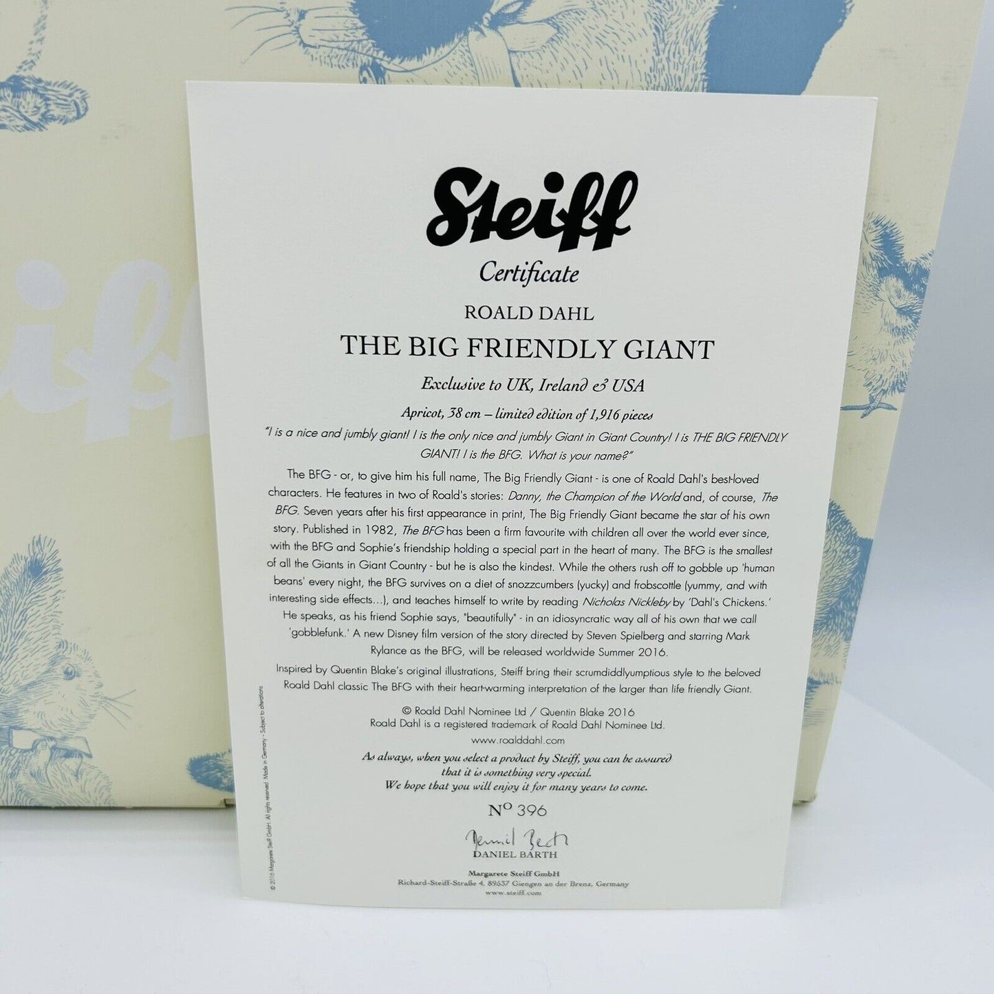 Steiff Roald Dahl 690013 Teddybär The Big Friendly Giant 38 cm Mohair