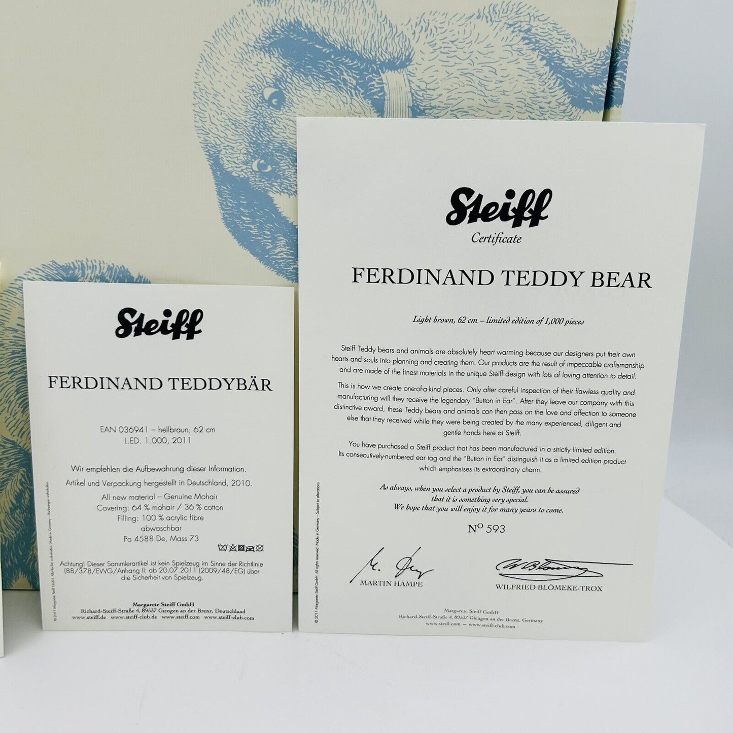 Steiff 036941 Teddybär Ferdinand limitiert 1000 aus 2011 62 cm Mohair