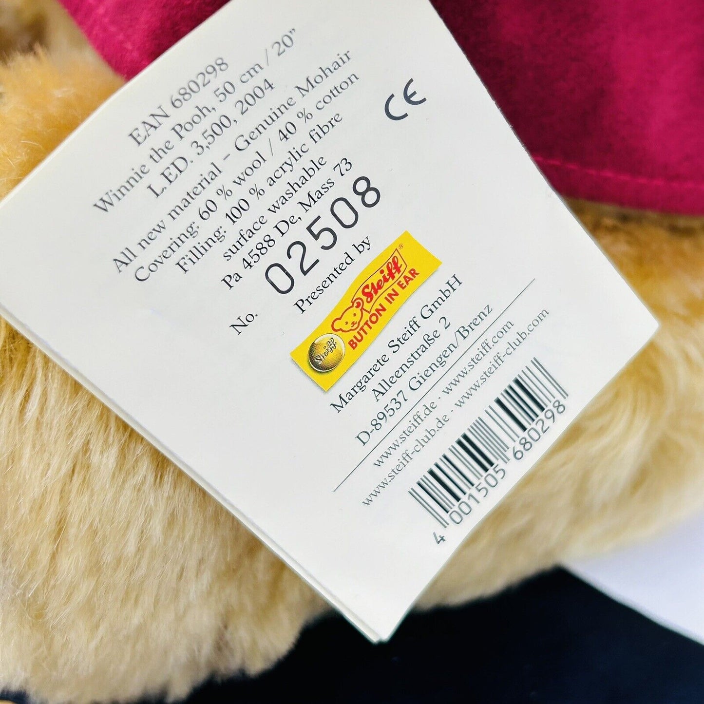 Steiff 680298 Teddybär Winnie the Pooh limitiert 3500 aus 2004 50 cm Mohair