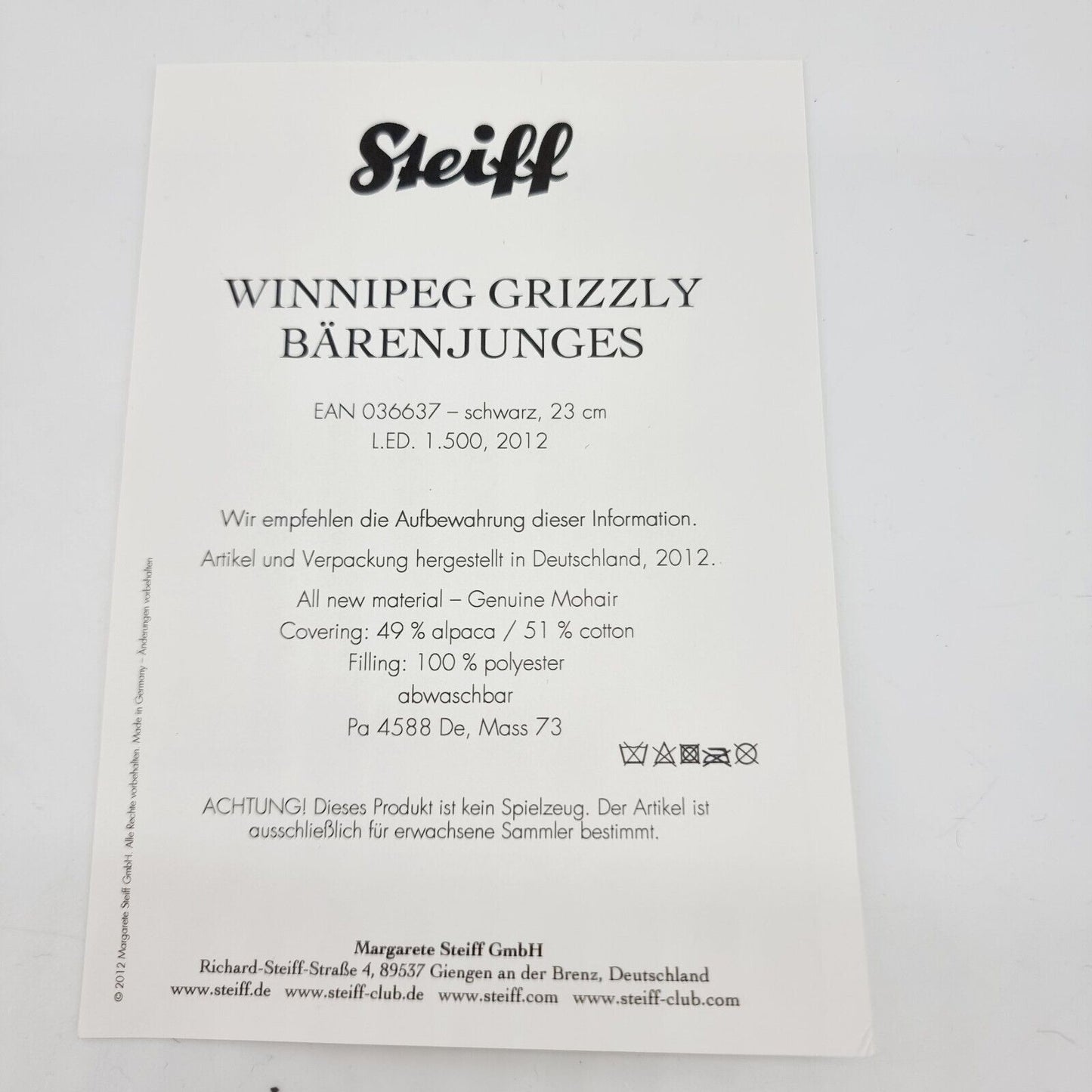 Steiff 036637 Winnipeg Grizzly Bärenjunges 23 cm limitiert auf 1500 Stück