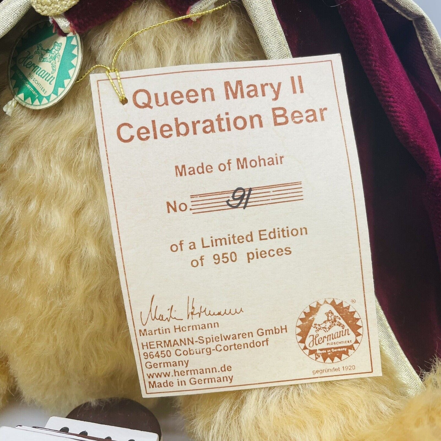 Hermann Coburg Teddybär Queen Mary II Celebration Bear limitiert 950 Mohair