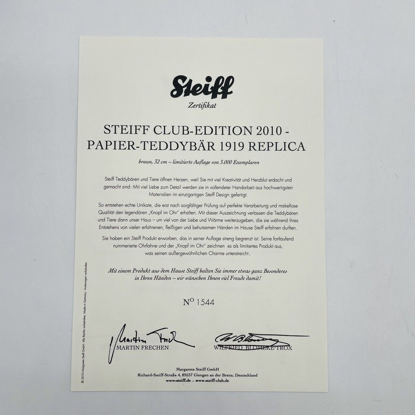 Steiff Club Edition 2010 Papierteddybär 1919 Replica 421099 limitiert 3000