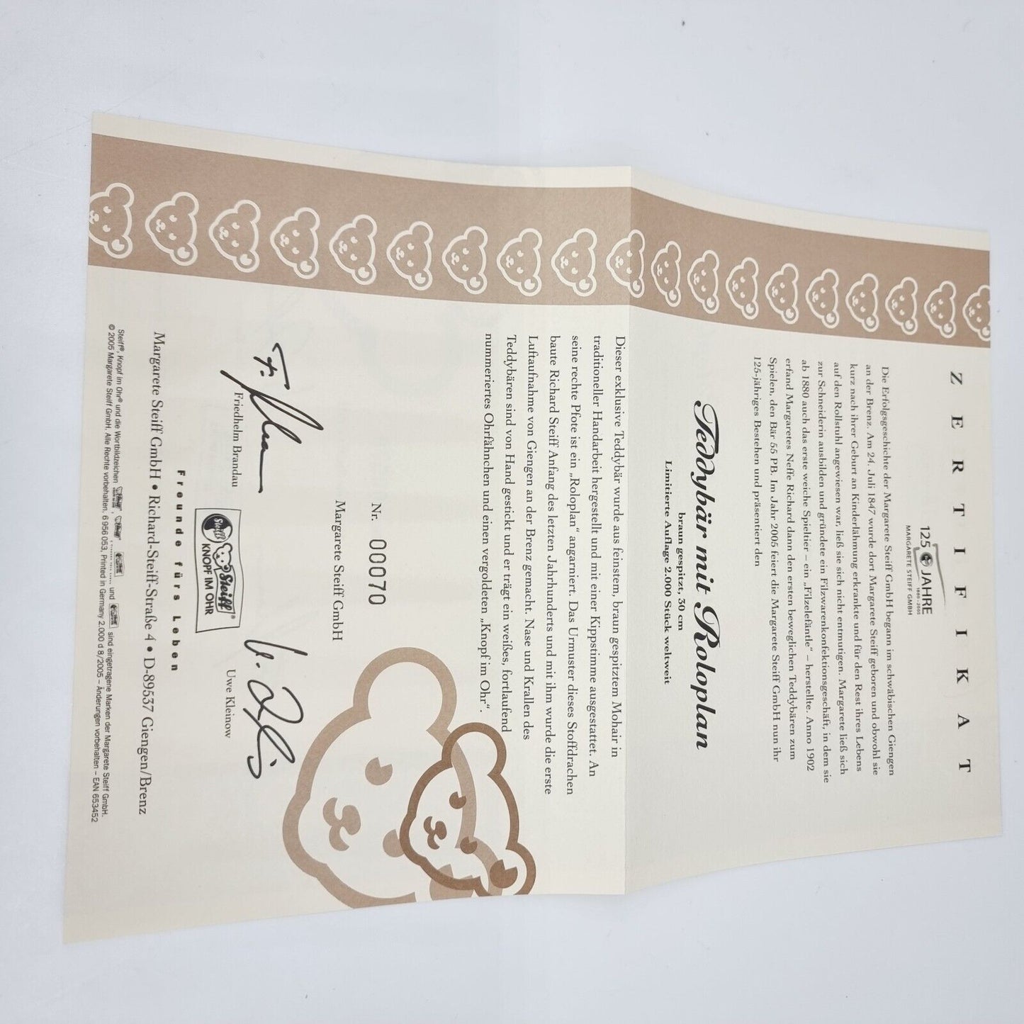 Nr. 70! Steiff 653452 Teddybär mit Roloplan limitiert 2000 aus 2005 30 cm Mohair