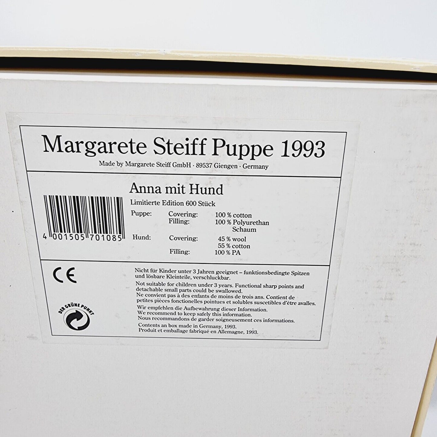 Nr. 500! Steiff 701085 Puppe Anna mit Hund limitiert 600 aus 1993