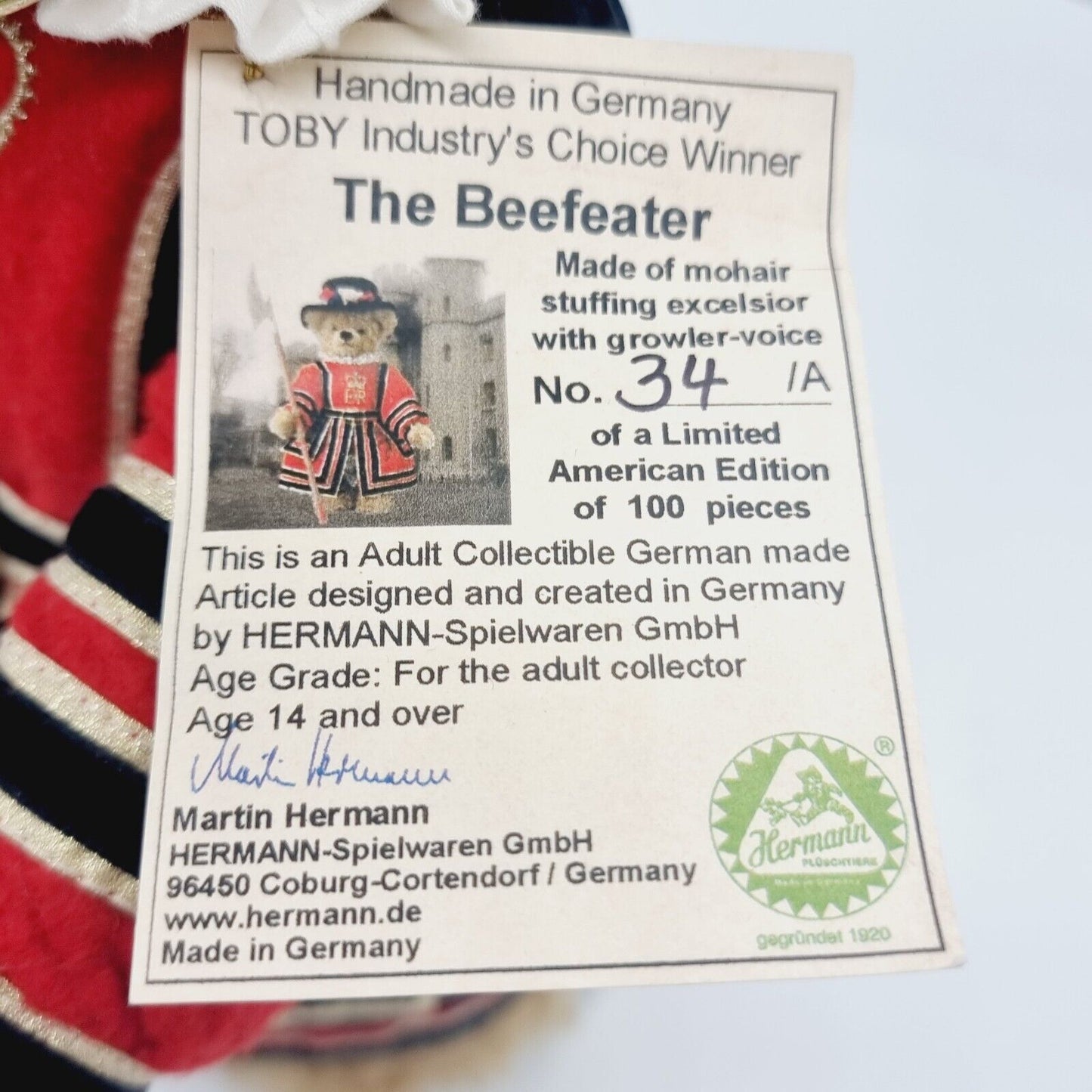 Hermann Coburg Teddybär Beefeater American Edition limitiert 100 34cm Toby Award