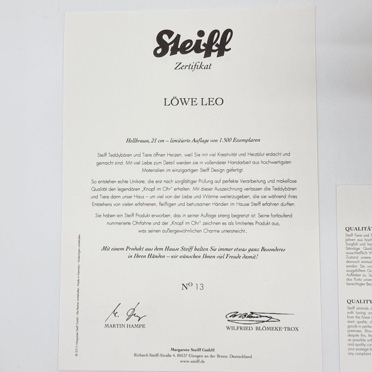 Steiff Löwe LEO Filzlöwe 21 cm groß hellbraun stehend 035098 limitierte Auflage