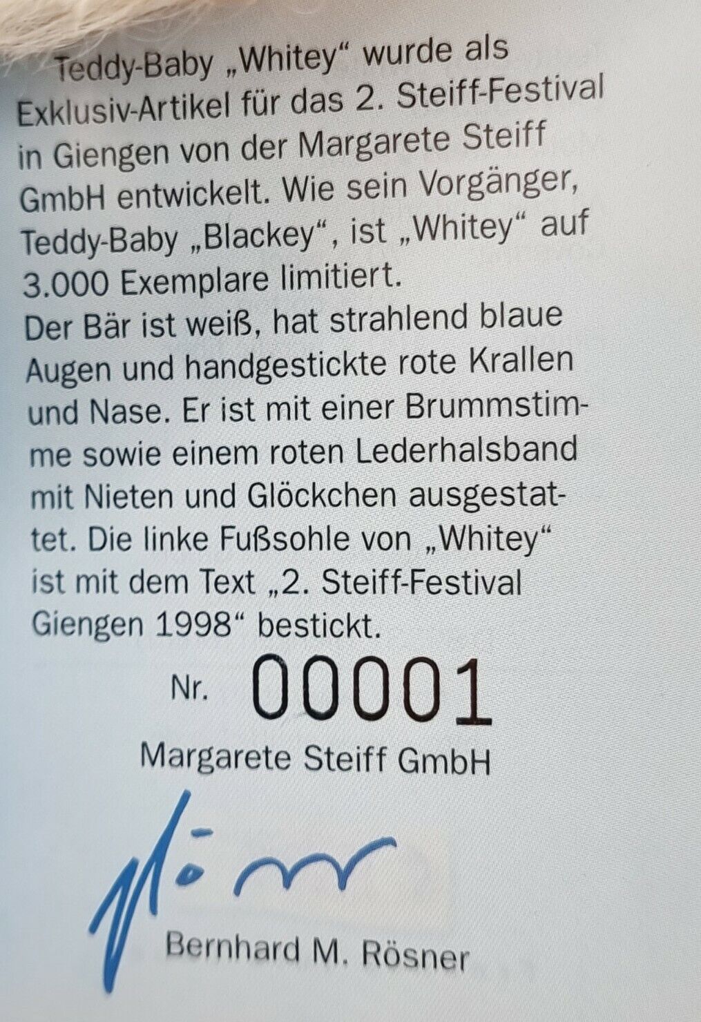 Nummer 00001 - Steiff Teddybär Baby Whitey 29 cm 655340 Zertifikat Festival 1998