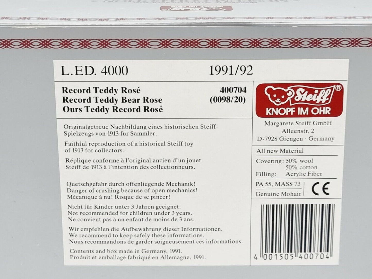 Steiff Record Teddybr auf Rdern Replica 1913 400704 OVP 20 cm 1991 1992