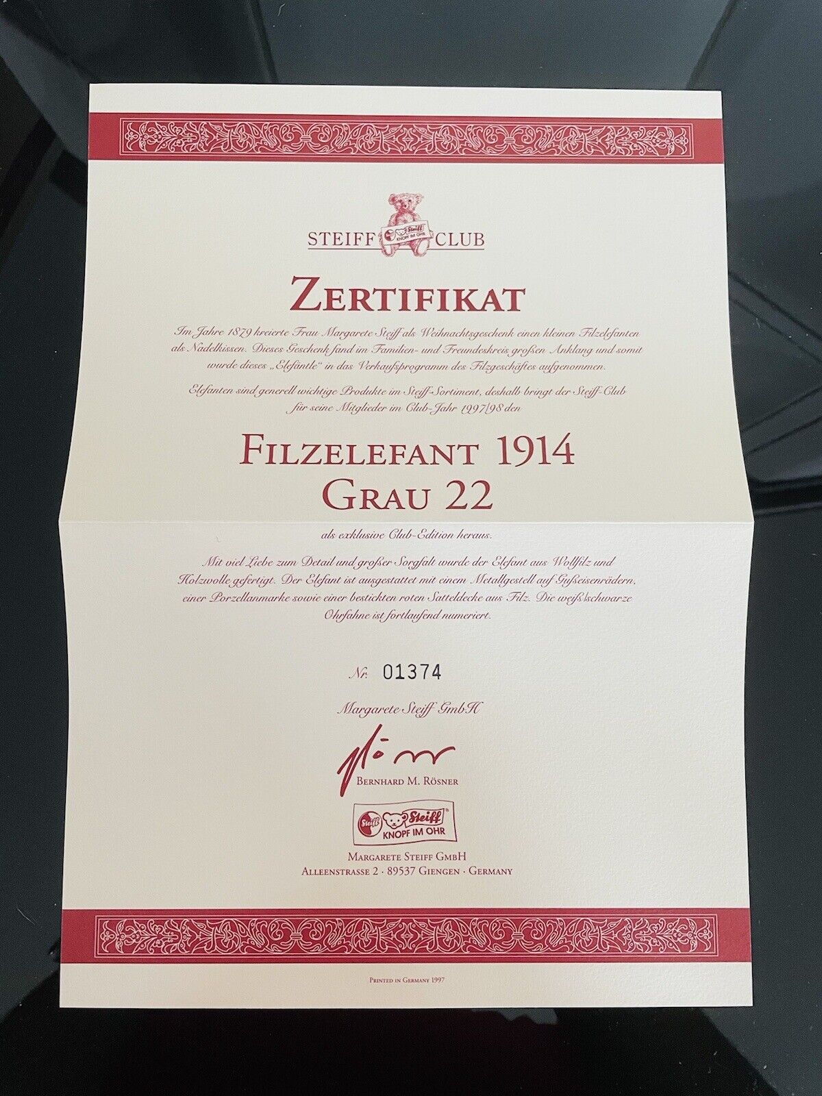 Steiff 420115 Filzelefant auf Rädern grau 30x22cm Edition 1997/98 limitiert OVP