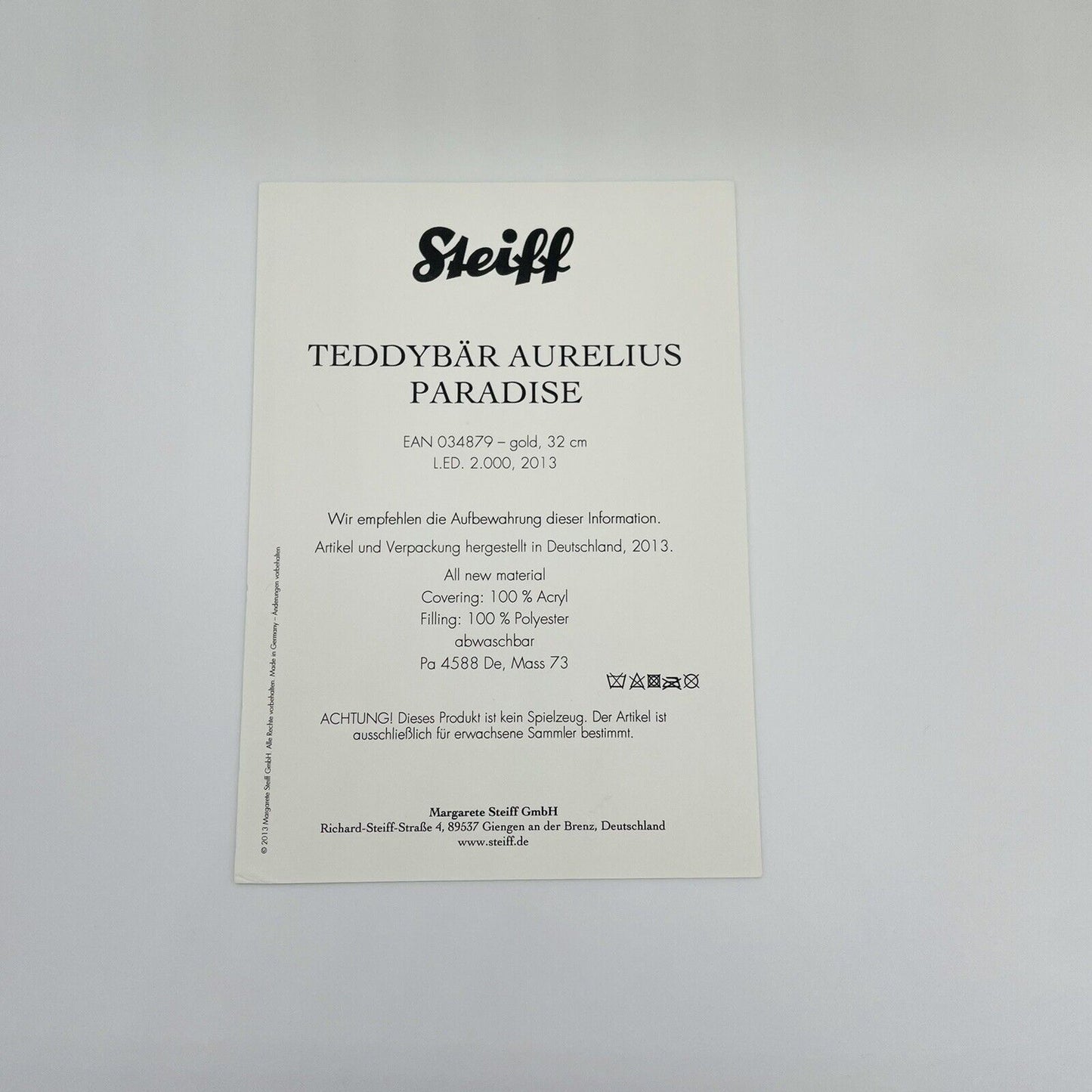 Steiff Selection Teddybär Aurelius Paradise 034879 limitiert 2000 aus 2013 32cm