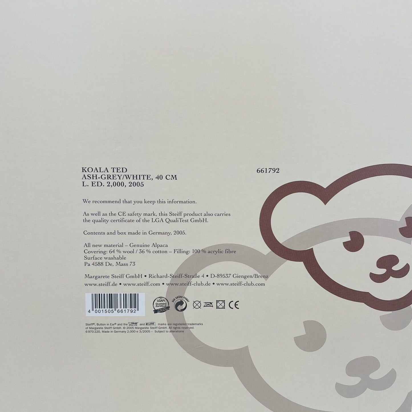 Steiff Teddybär Koala Ted limitiert 2000 aus 2005 UK und Irland exklusiv 40cm