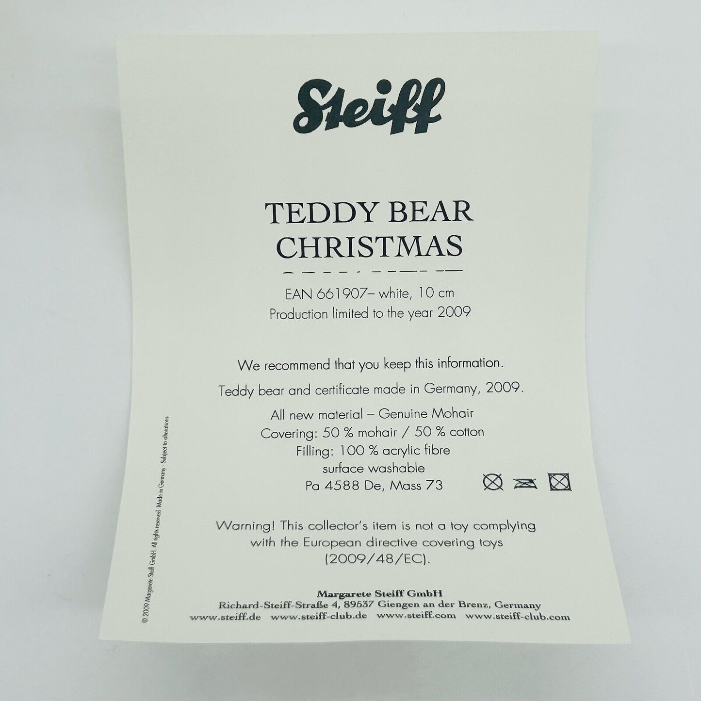 Steiff 661907 Christmas Ornament 2009 limitiert bis Ende 2009 10 cm Mohair