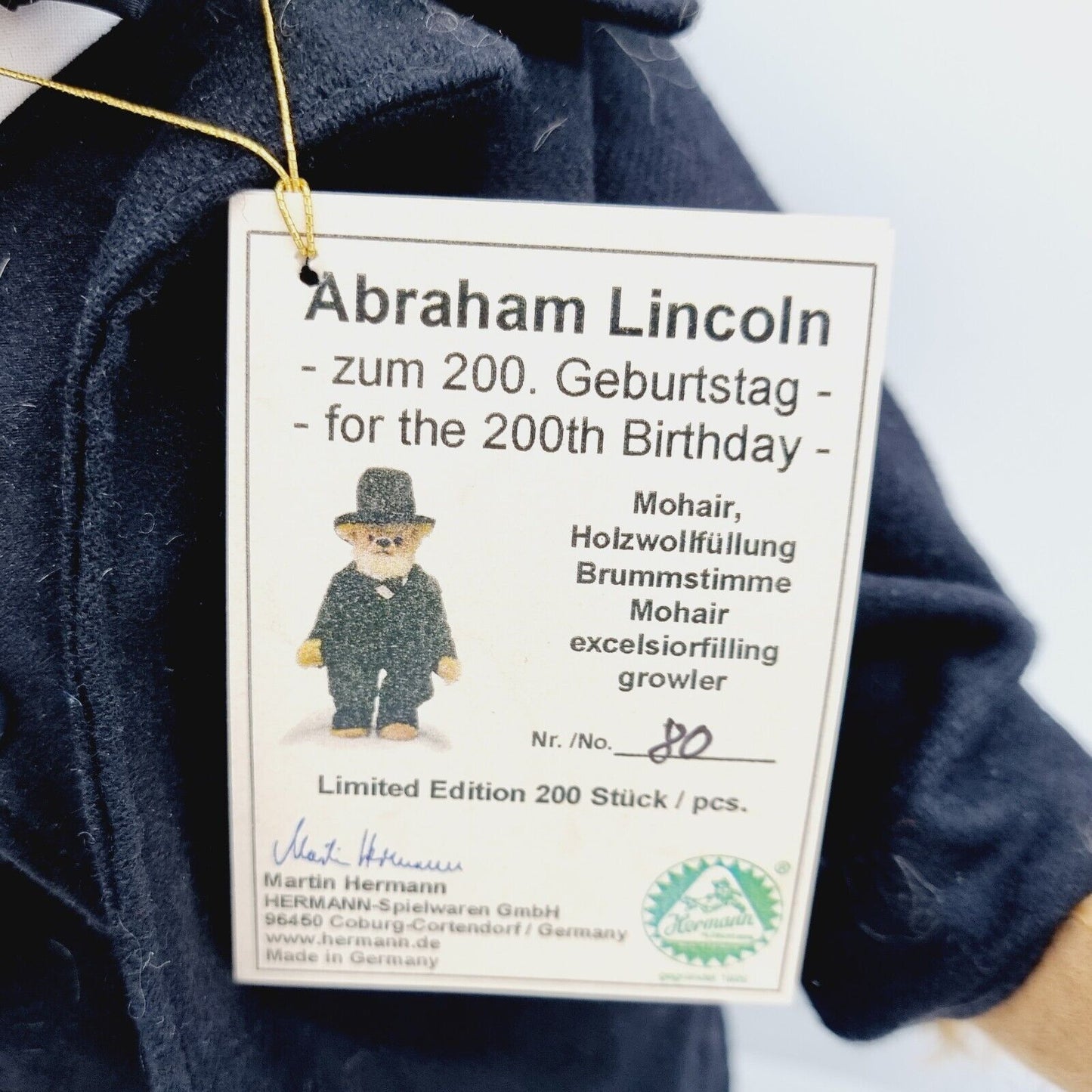 Hermann Coburg 19028-6 Teddybär Abraham Lincoln limitiert 200 40 cm Mohair