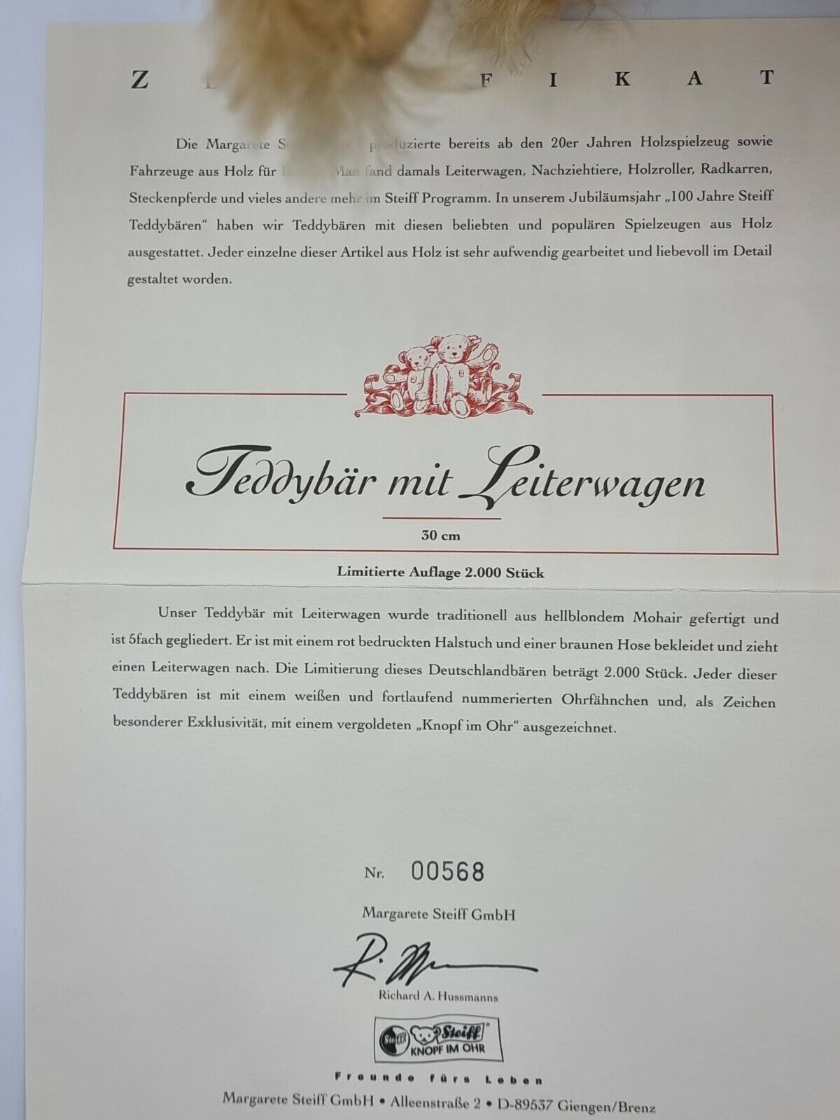 Steiff Teddybär mit Leiterwagen 30 cm 671166 limitiert Zertifikat OVP Sammler