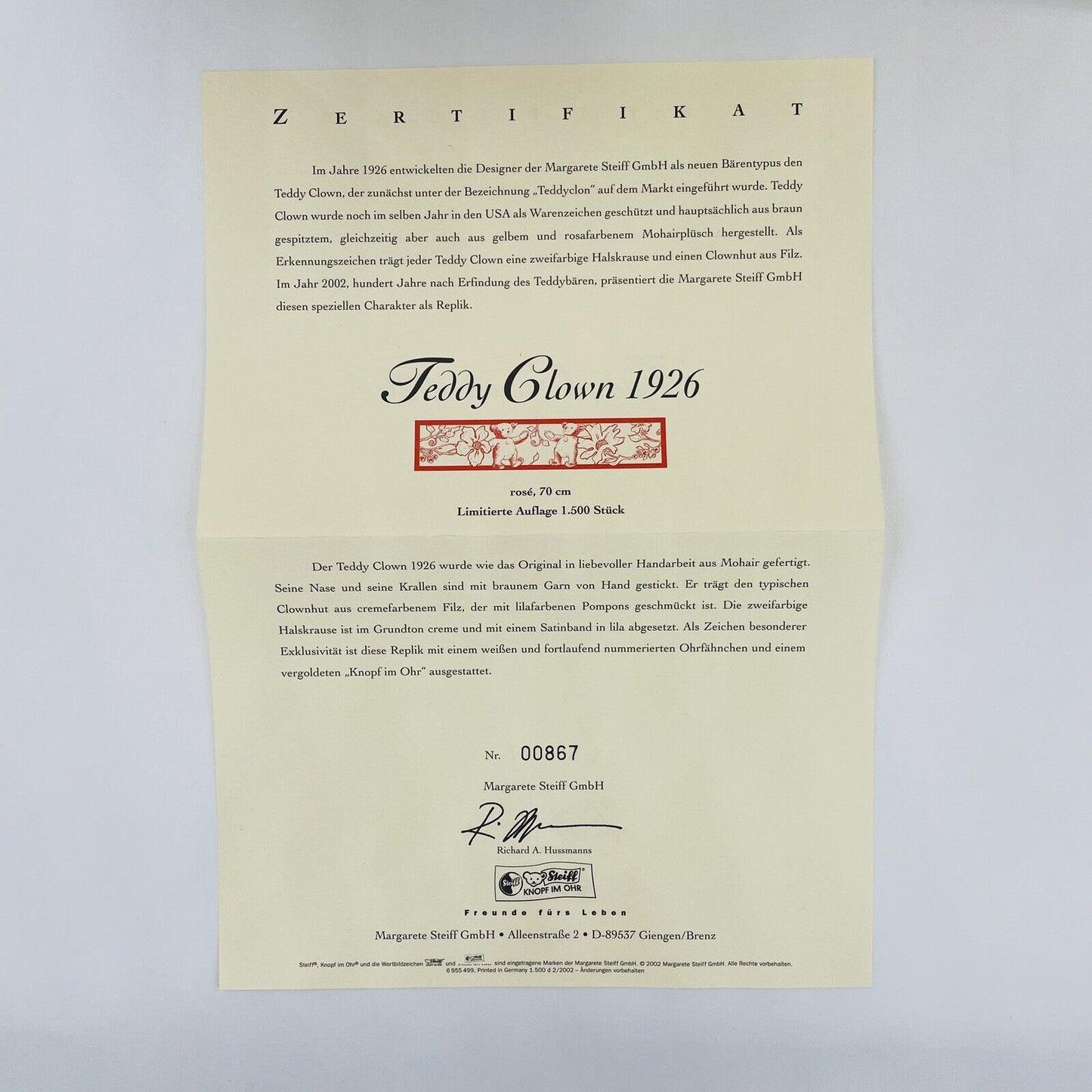 Steiff Teddybär Clown groß 407277 limitiert auf 1500 Stk. 70cm Replica 1926
