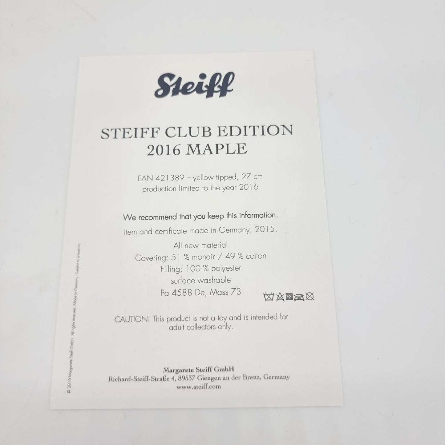 Steiff 421389 Teddybär Maple Ahornblatt limitiert 2016 Clubedition 2016 27cm