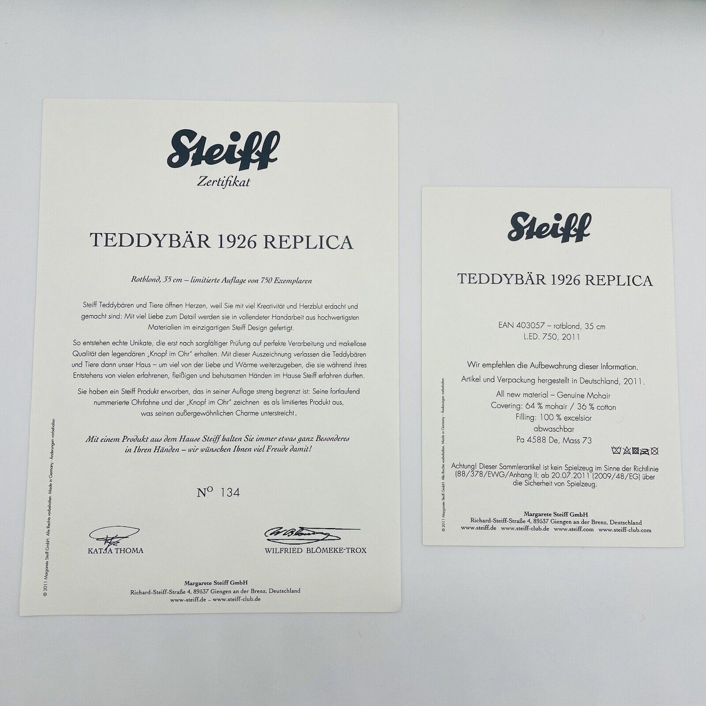 Steiff Teddybär 1926 Replica 403057 limitiert 750 aus 2011 35cm Mohair