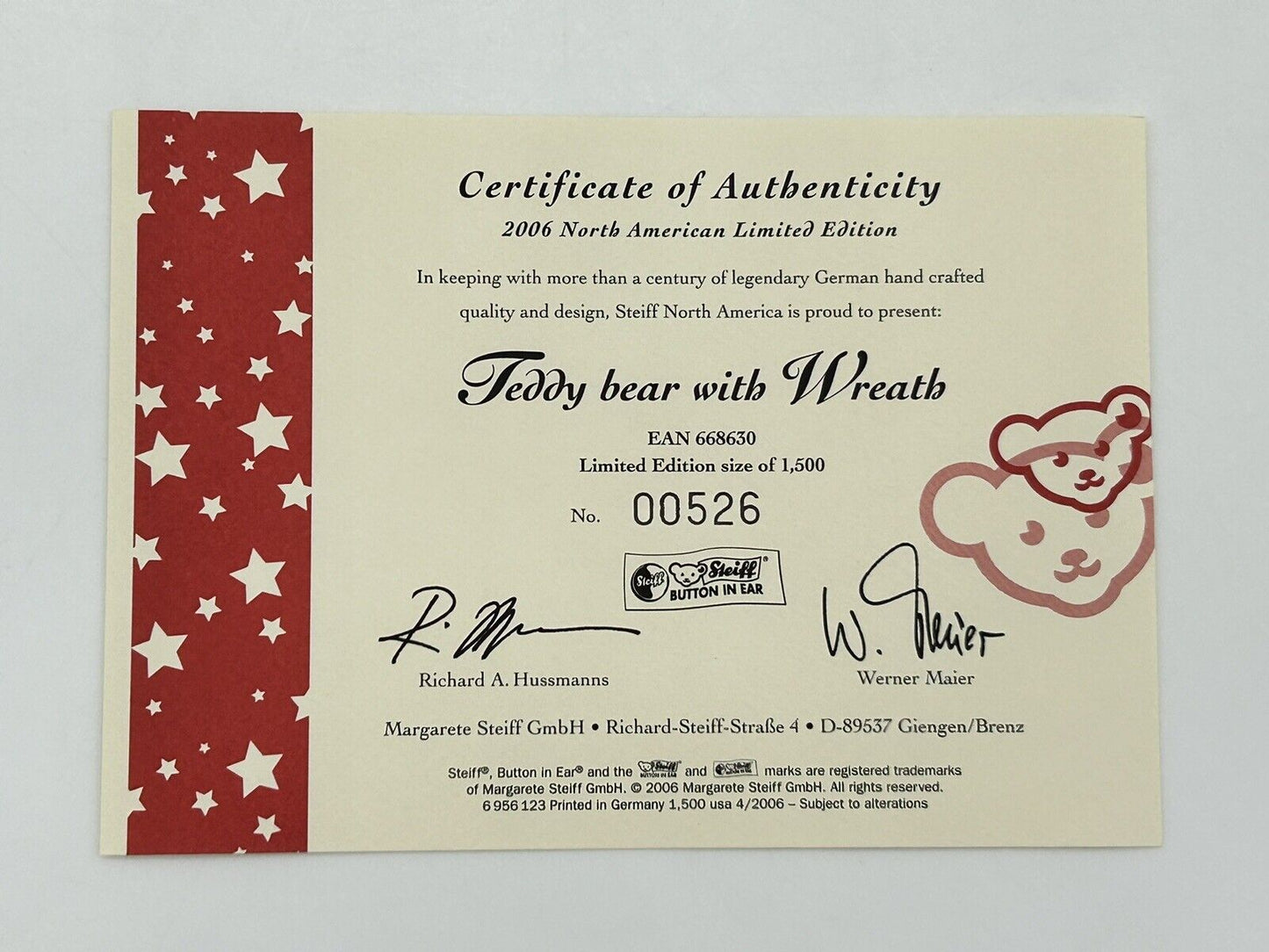 Steiff 668630 Teddybär Teddy with Wreath Ornament limitiert 1500 aus 2006 Mohair