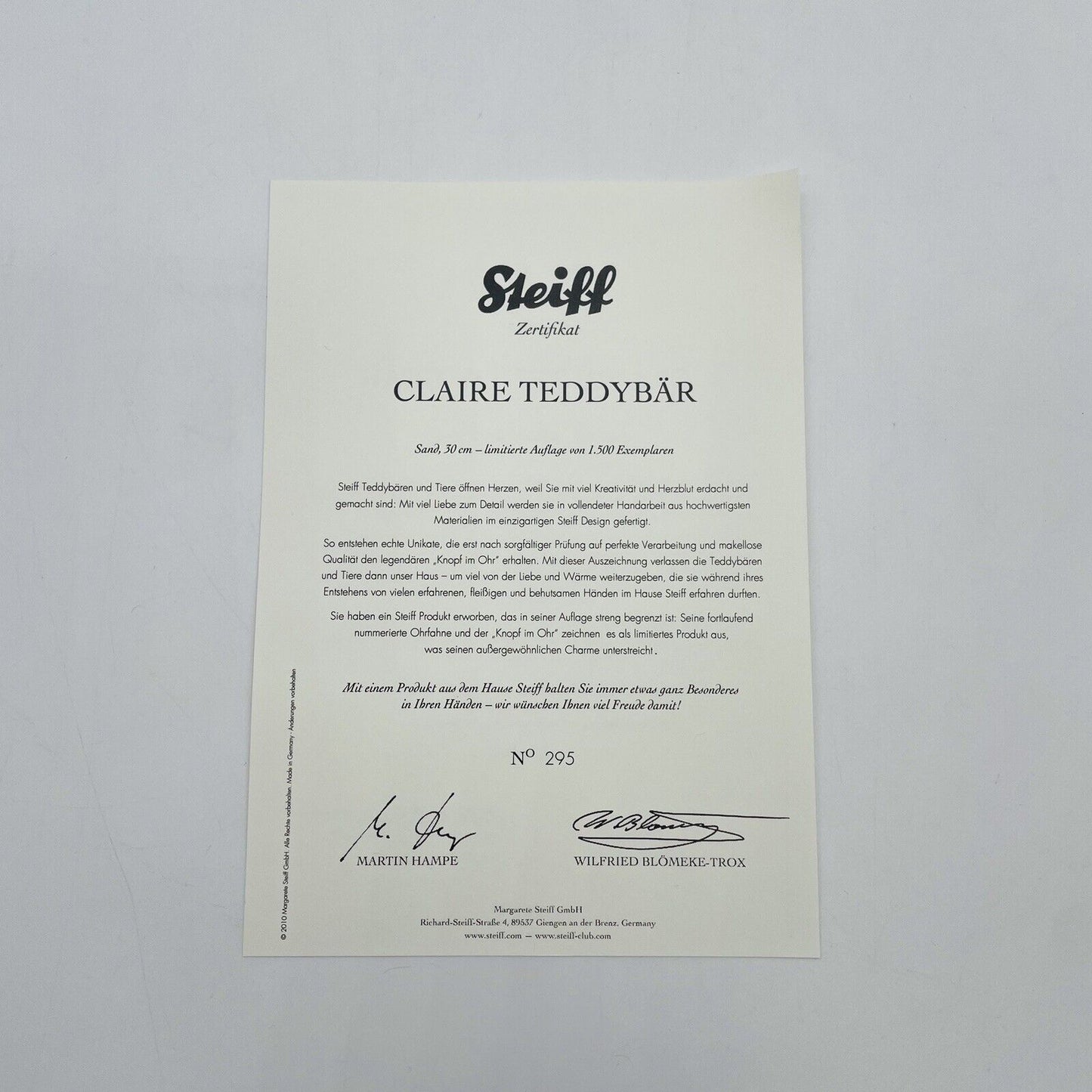 Steiff Teddybär Claire 036712 limitiert 1500 aus 2010 30cm Mohair