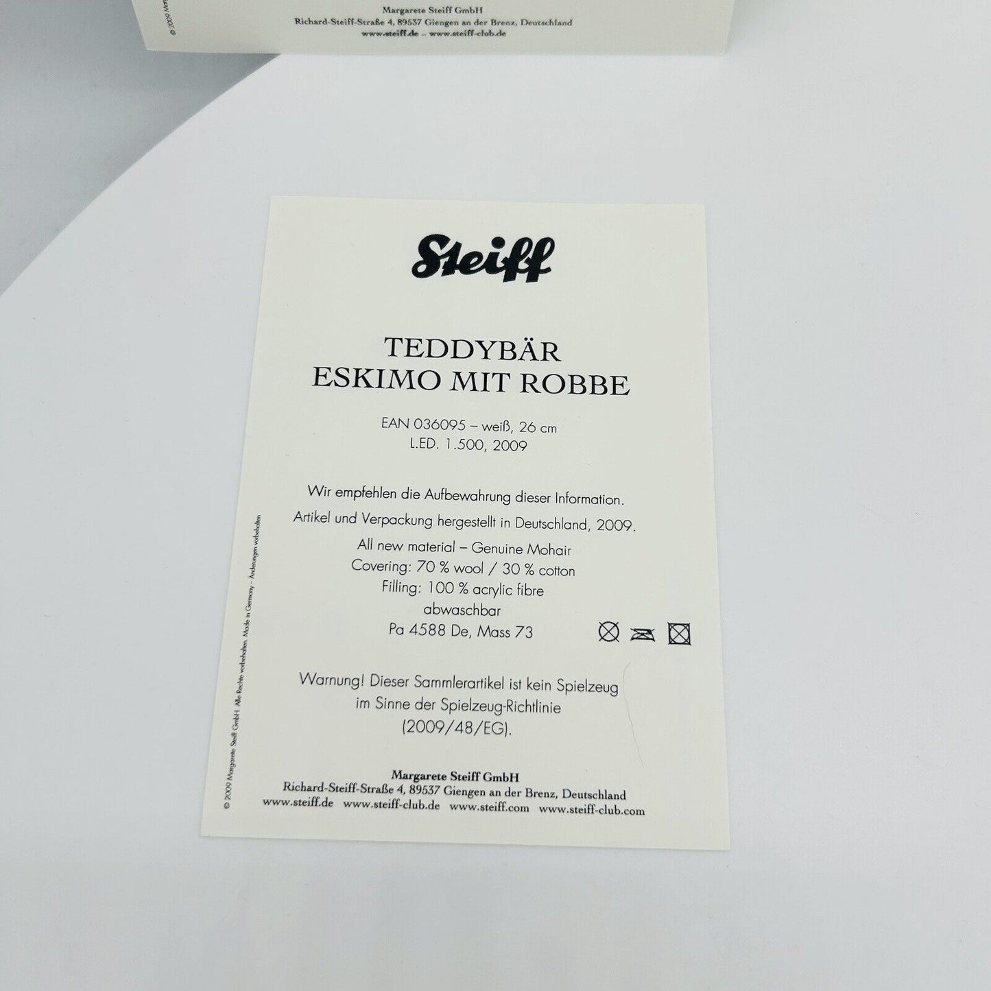Steiff 036095 Teddybär Eskimo mit Seerobbe limitiert 1500 aus 2009 26 cm Mohair