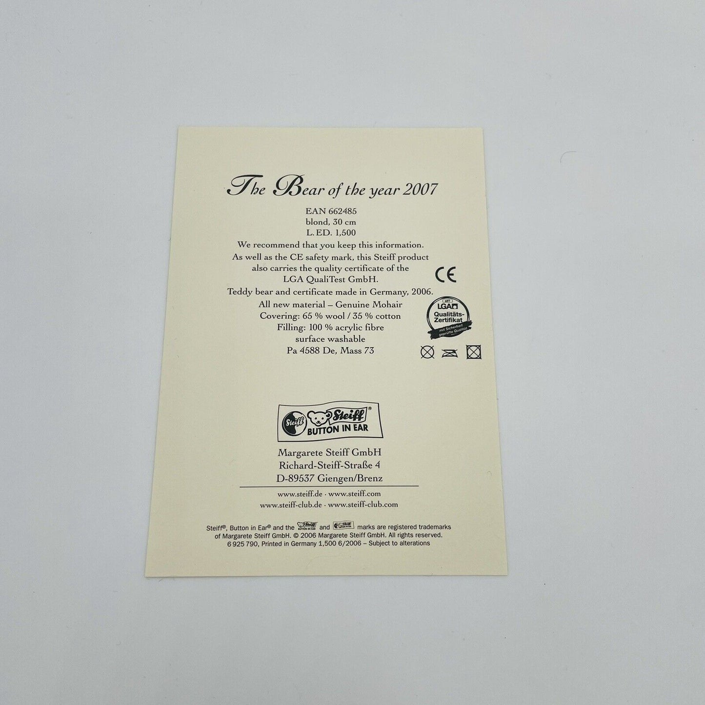 Steiff QVC Teddybär 2007 662485 limitiert 1500 aus 2007 30cm Mohair