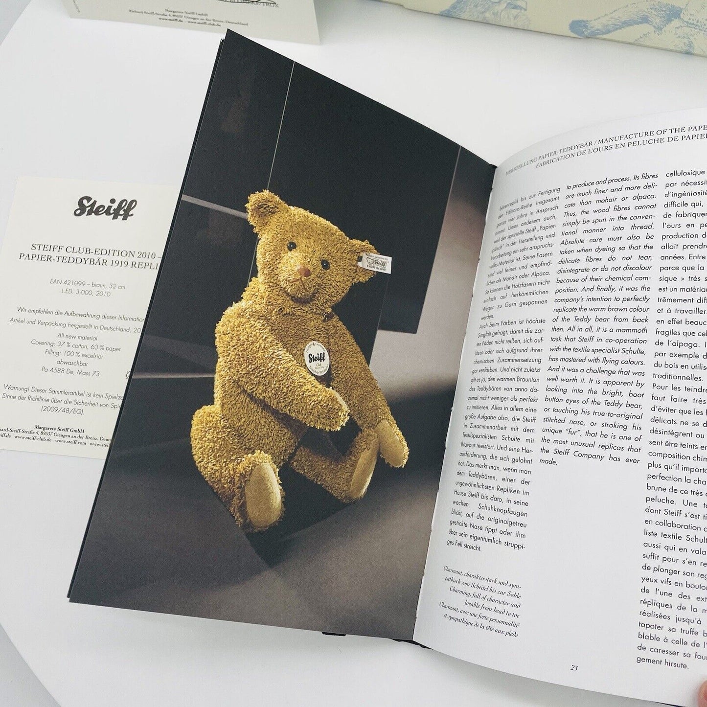 Steiff Club Edition 2010 Papierteddybär 1919 Replica 421099 limitiert 3000 32cm
