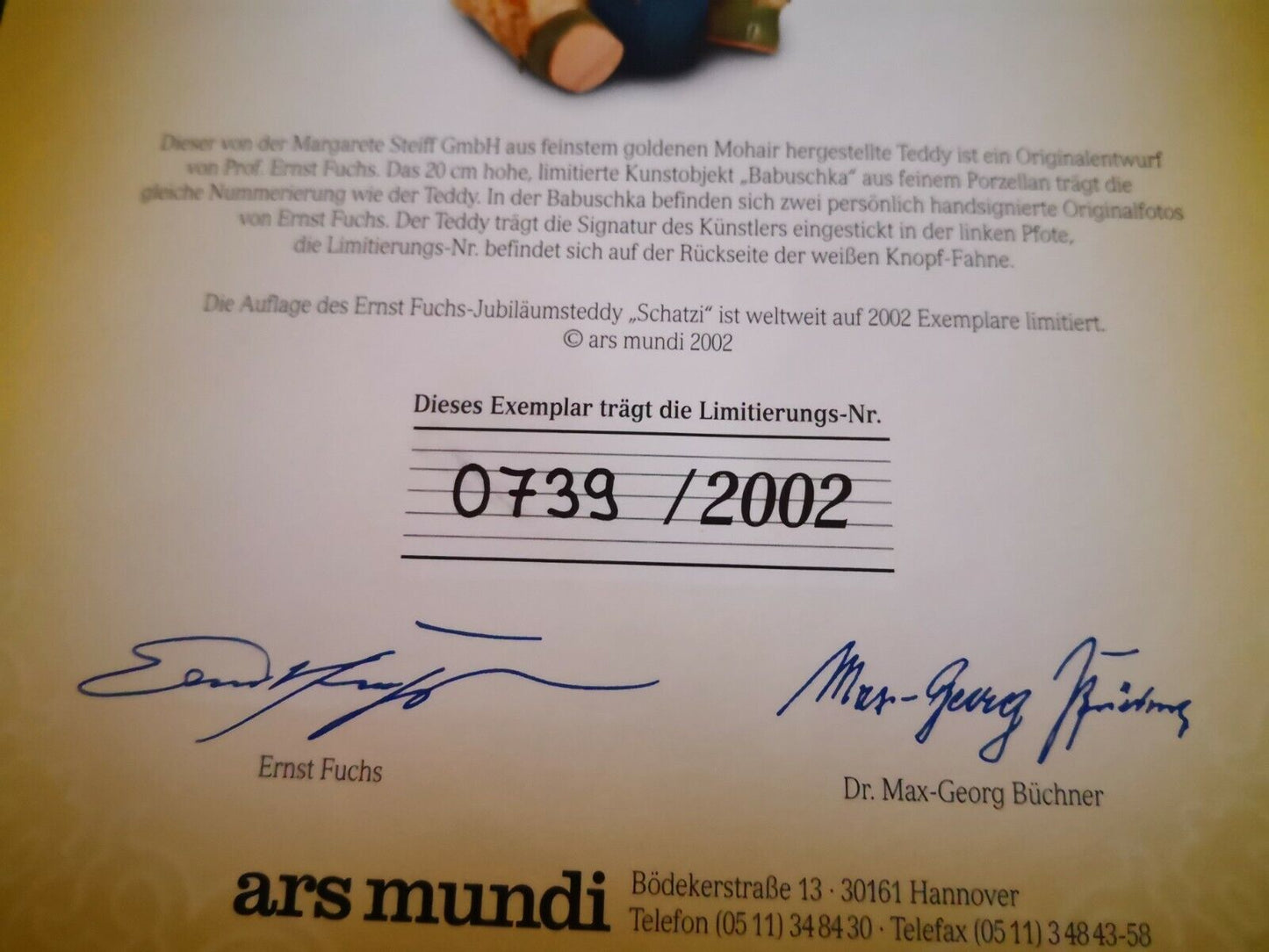 Steiff Ernst Fuchs "Schatzi" ars mundi, 994609, limitiert Zertifikat + OVP