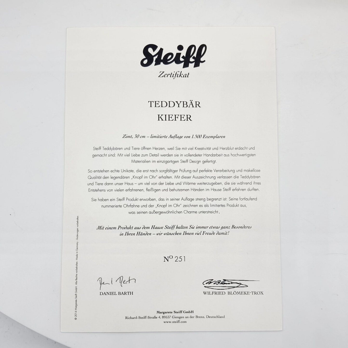 Steiff 034275 Teddybär Kiefer Weihnachten limitiert 1500 aus 2014 30 cm Mohair